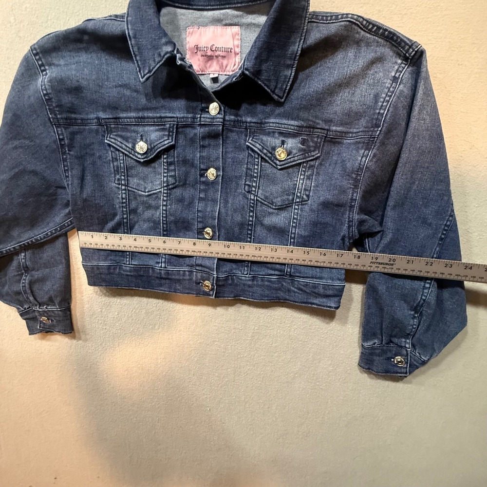 Juicy Couture Y2K Cropped Dark Wash Denim Blue Jean Jacket Women‎ Size L - Picture 2 of 12